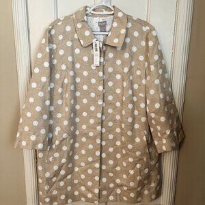 CHICO'S TAN WHITE POLKA DOTTED SWING COAT, JACKET, SIZE 3 (16 or 18), NWT